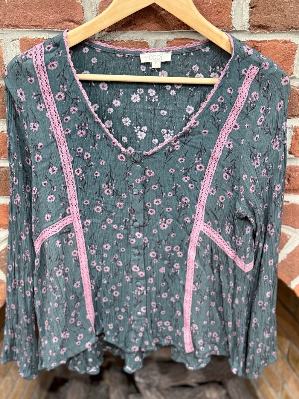 ODDY Green Floral Tunic with Pink Lace Trim